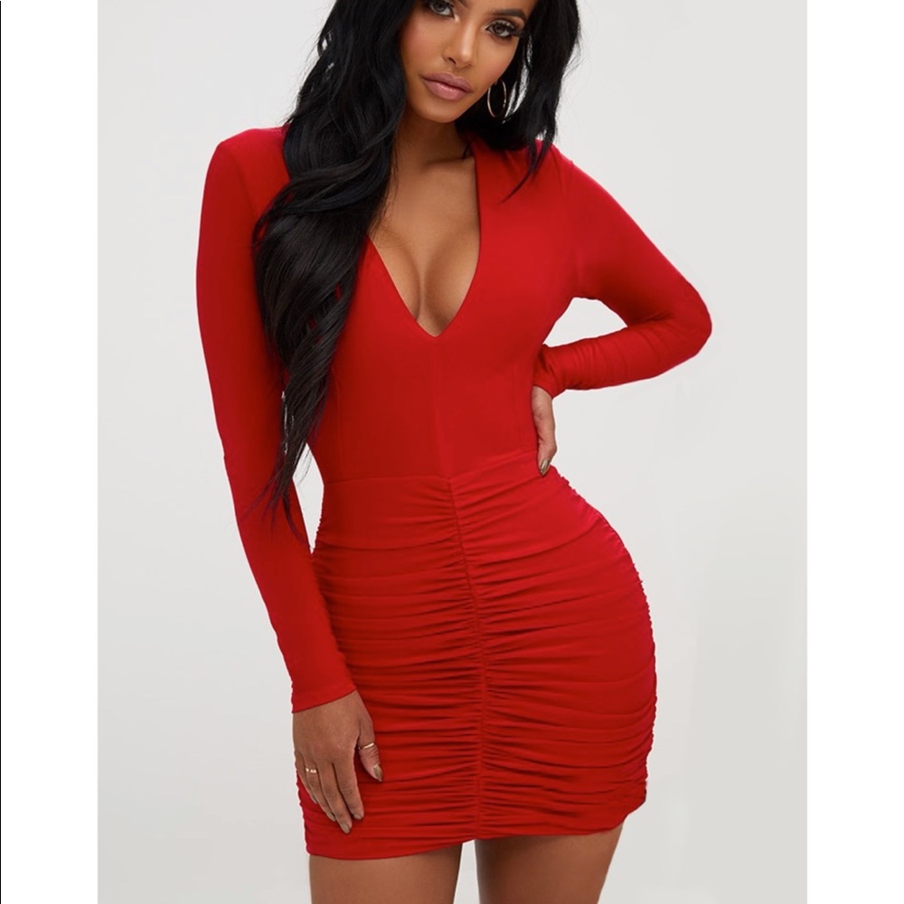 PLT Shape Red Slinky Ruched Mini Dress